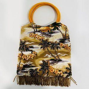 Womens Small Handbag Purse Cloth Floral Tropical Beaded Fringe Dual Wood Handles